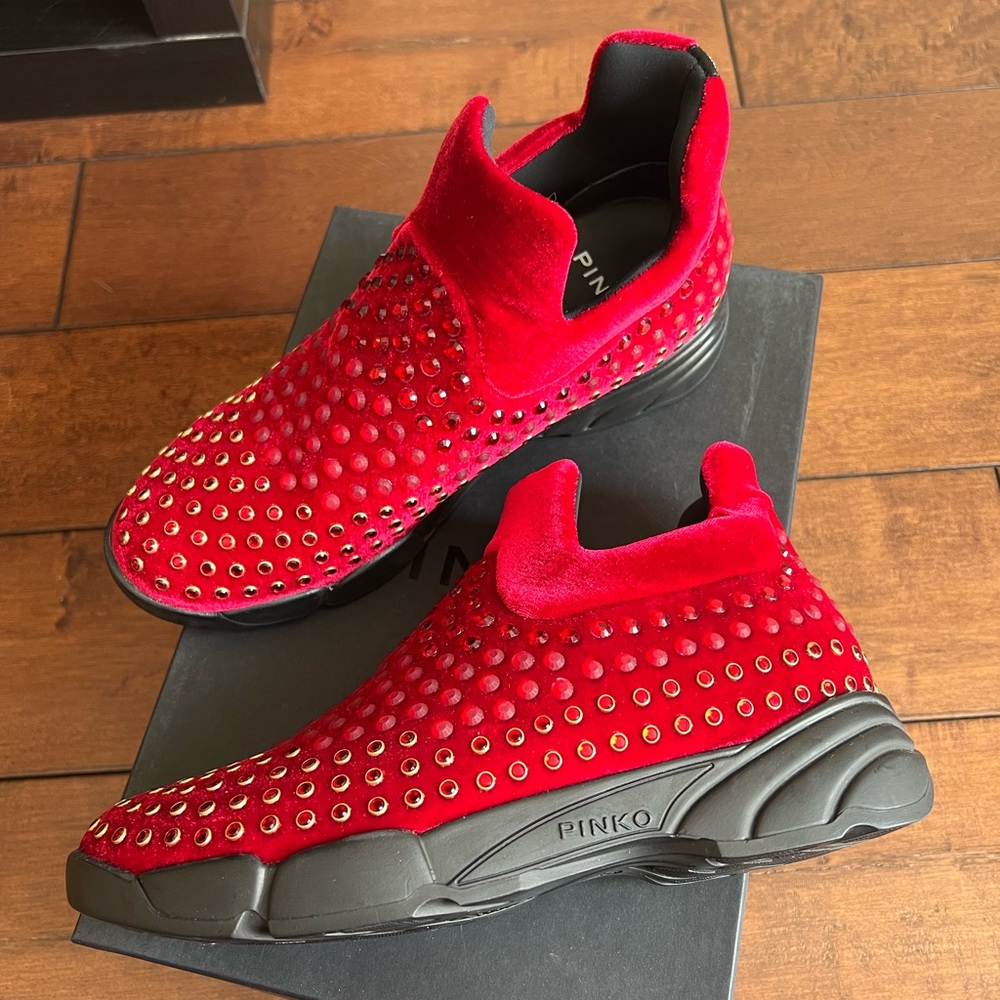 PINKO sneakers women size 7 red velvet with rhinestones